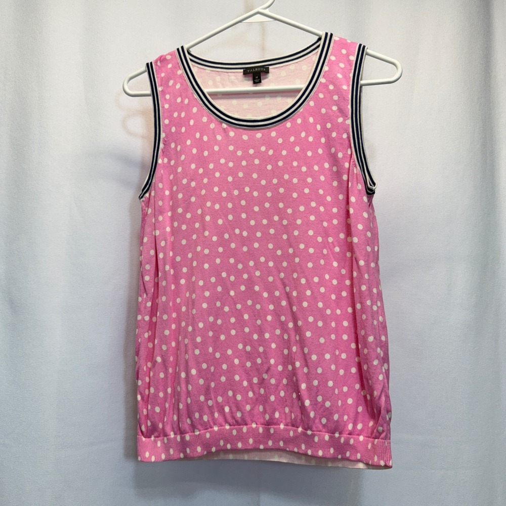 Talbots Sweater Tank Women Medium Pink Polka Dot Cotton Blend Sleeveless